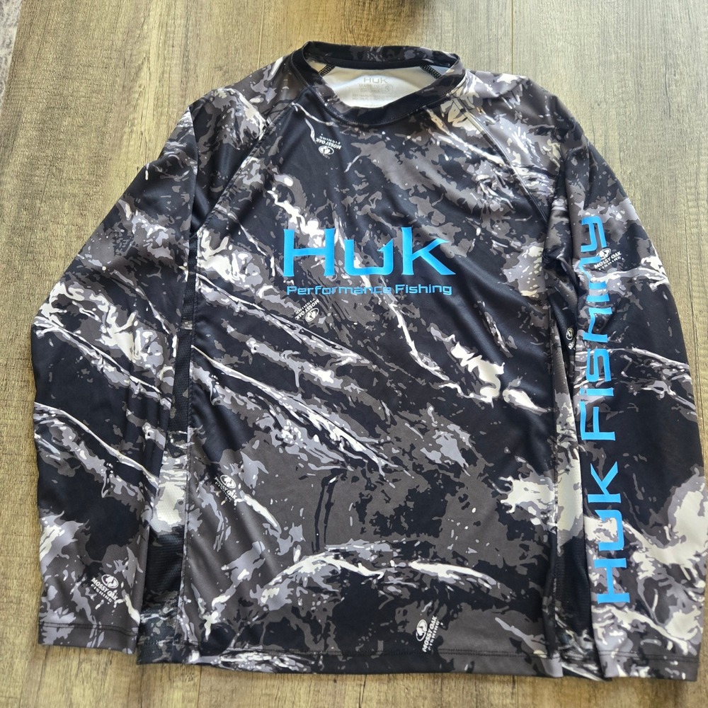Huk Performance Fishing Shirt Mens Small Mossy Oak Camo Long Sleeve Gray Blue